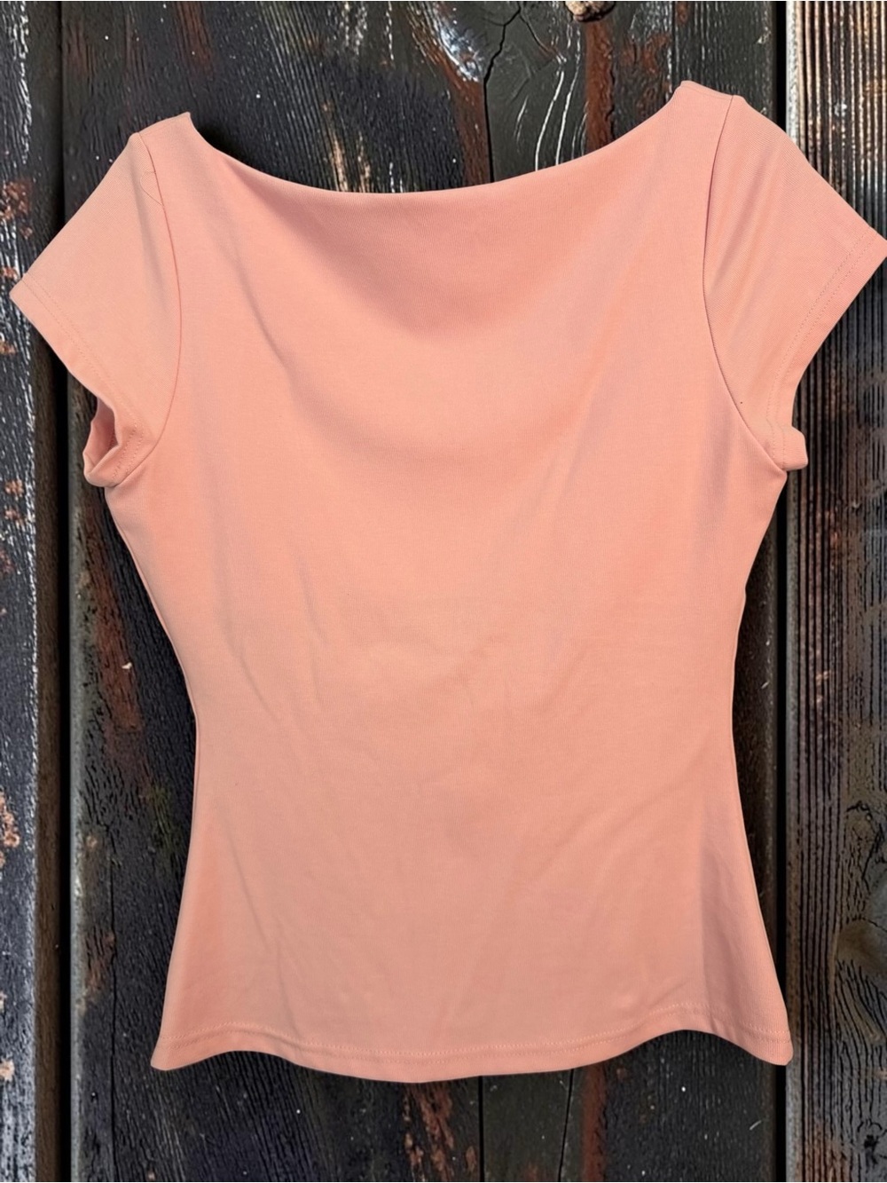 OGL Ribbed V Neck Cap Sleeve Top Large Peach Pink Basic Everyday Tee - Picture 5 of 5